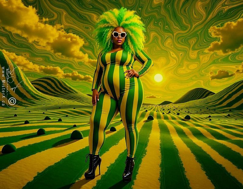 A plus sized woman wearing a tight spandex green and yellow striped outfit is seen in a psychedelic green and yellow striped setting under a matching sky with wispy clouds.