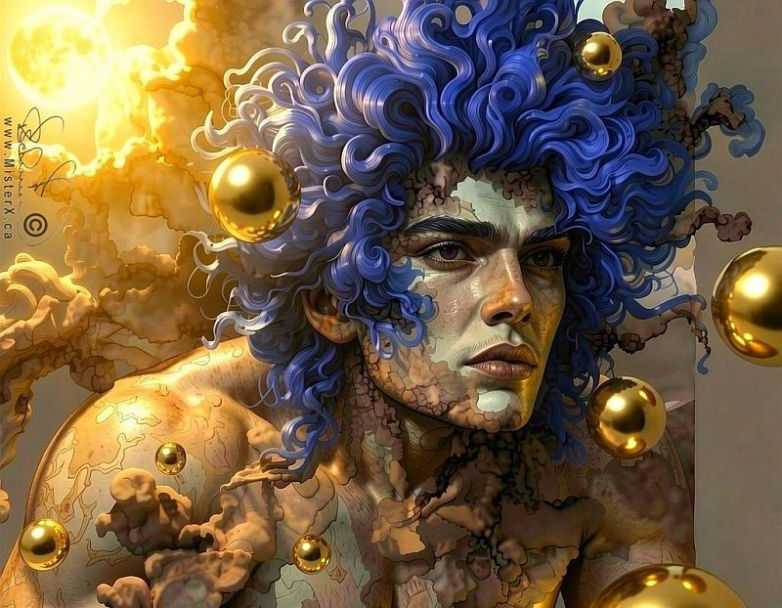 Handsome young man with wild blue wavy hairdo is seen amongst floating golden orbs and an eXtremely bright moon.