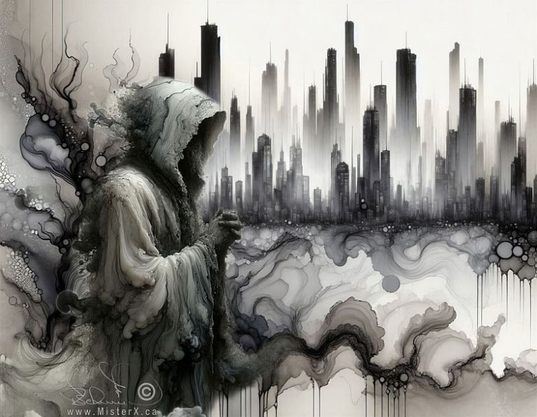 A cloaked figure resembling death is seen with hands in prayer against a stylized city scape background.