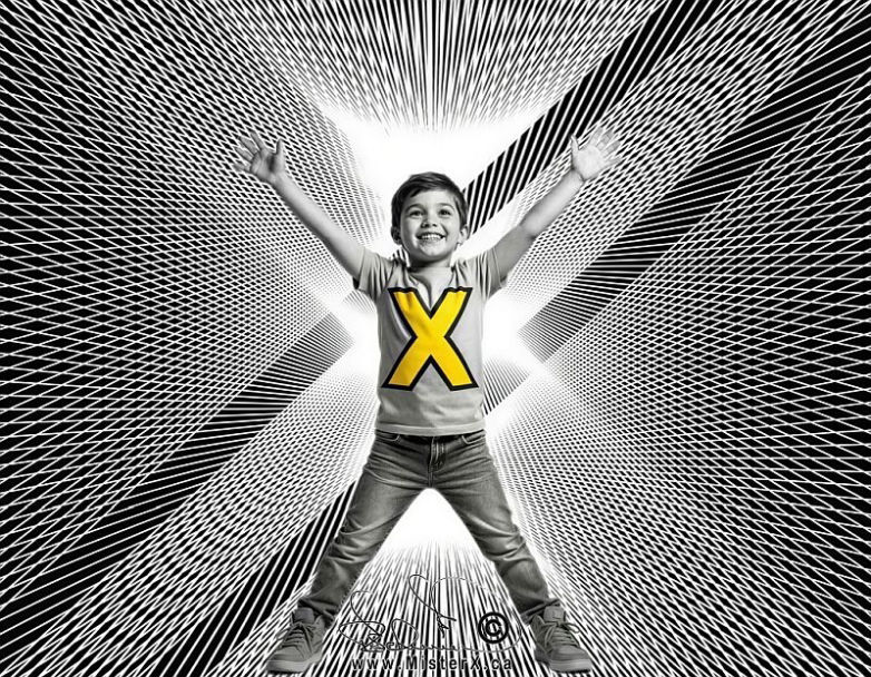 a young boy stands in the shape of an "X" in front of a black and white optical illusion.