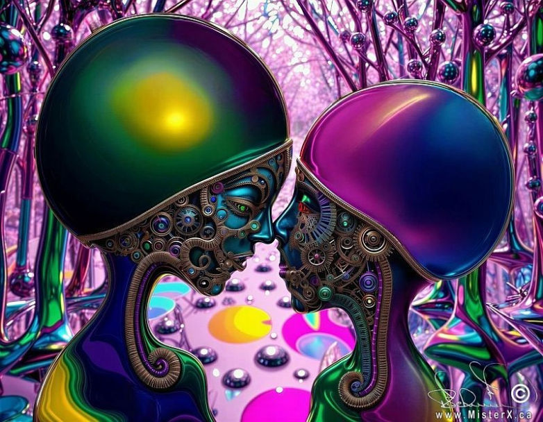 2 shiny beings with intricate clockwork faces face each of in a shiny mirrored forest.