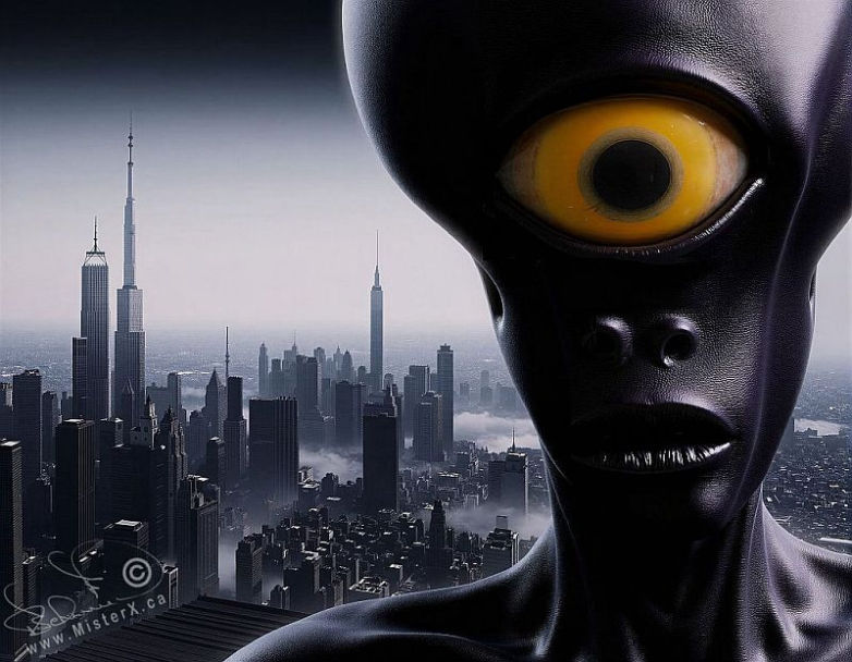 A one-eyed black leathery skinned alien is seen in front of a futuristic city skyline.