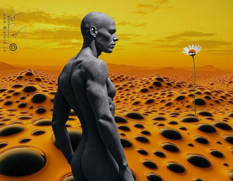 surrealistic image of a colorless figure standing in an orange, yellow, and black landscape covered in shiny oval shapes.