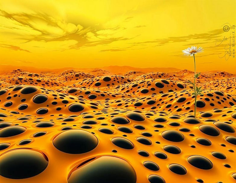 A single daisy flower grows out of a bizarre yellow and orange landscape dominated by rolling hills covered in black shiny oval shapes.