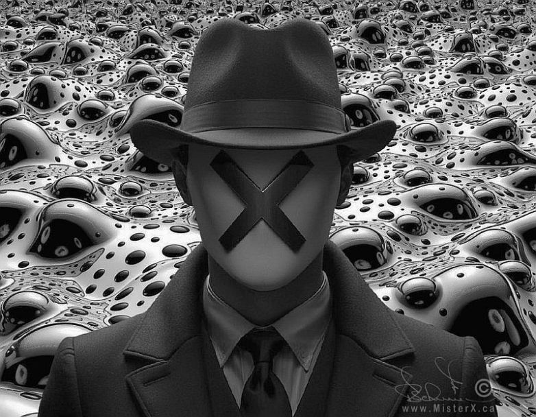 A man in a business suit with hat has a face with no features, other than a big black letter "X". He stands in front of a surreal background made of wavy chrome and black shapes.