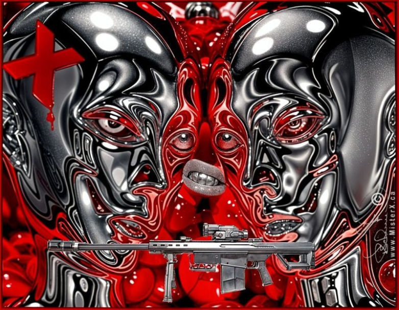 2 symmetrical chrome heads and a sniper rifle reflect their blood red surroundings.