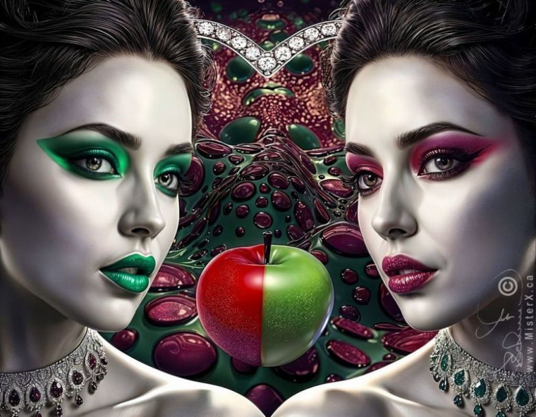 2 mirrored women appear on each side of the canvas, looking at the viewer and with different colored make-up and jewels. An apple appear between them and a heart shape appears in the background.