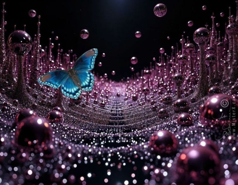 A bright blue butterfly is seen flaying against a strange dark world of orbs, made with black and mauve colours.