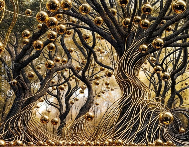 Bleak scene of a forest where the trees are beginning to be covered in copper wiring and metallic shiny orbs are skattered about.