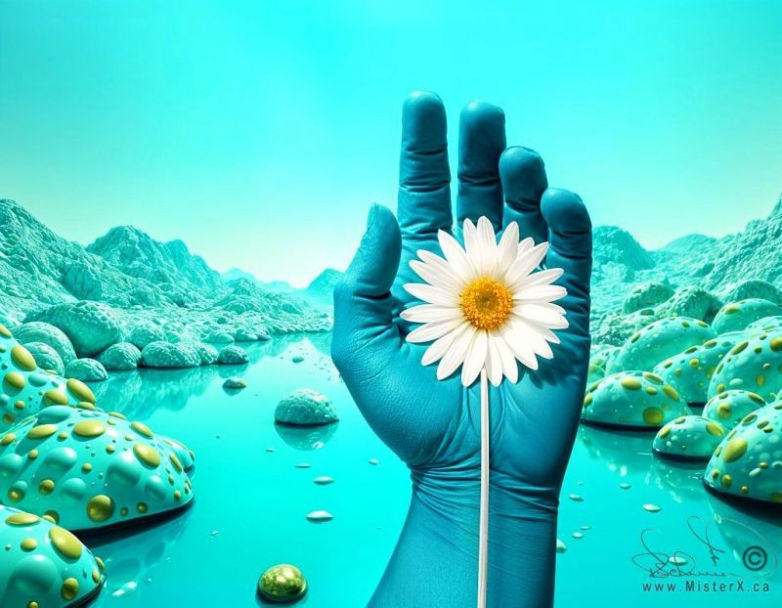 A blue hand holds a daisy flower against a turquois background.
