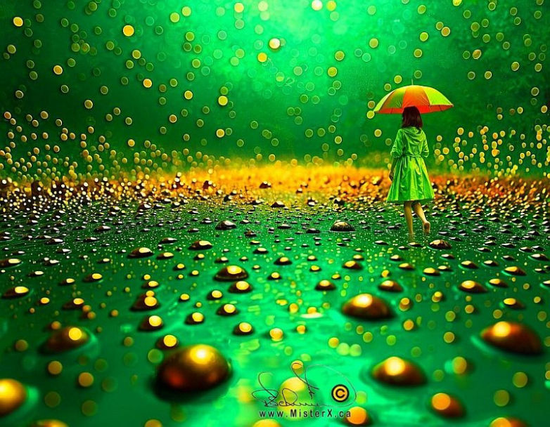 A girl with an umbrella walks ankle deep through a surreal green and golden rain storm.
