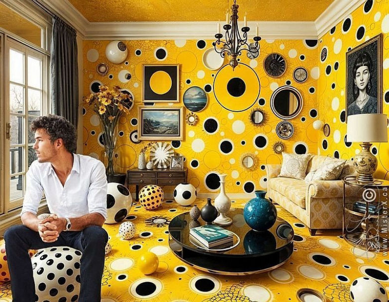 A man sits casually, hands clasped and looking out a window, in a bizarre living room with dozens of circles on the walls and floor.