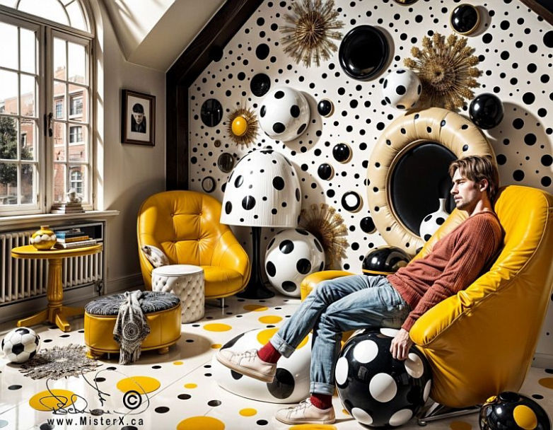 A man sits casually, legs crossed and looking out a window, in a bizarre living room with dozens of circles on the walls and floor.