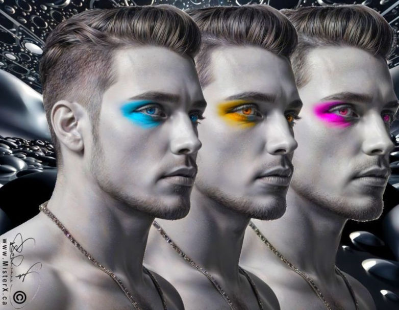 Black & white image shows 3 identical men side by side. Each man has different colored eyes from the others, and matching colored eye shadow.