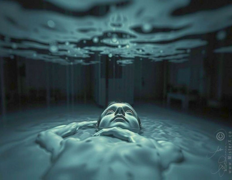 A figure lays in a dark room, seemingly covered in liquid while looking up towards what appears to be the lower part of a liquid surface.