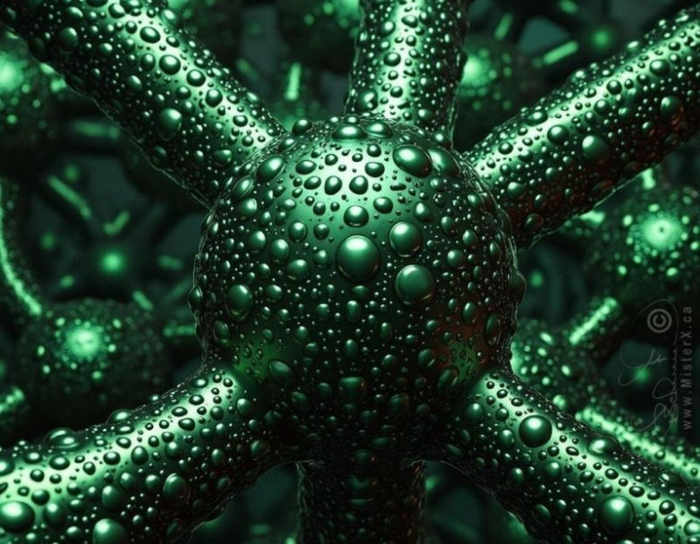 A close-up view of a green, sherical structure covered in droplets, interconnested by textured, tubular formations.