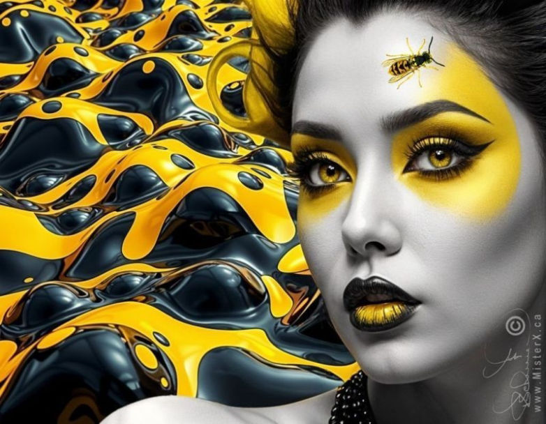 A beautiful woman's face with yellow face makeup has a yellow-jacket-wasp on her forehead. Her face takes up the right side of the canvas. Behind her is a surreal landscape made from yellow and black mounds and bumps.