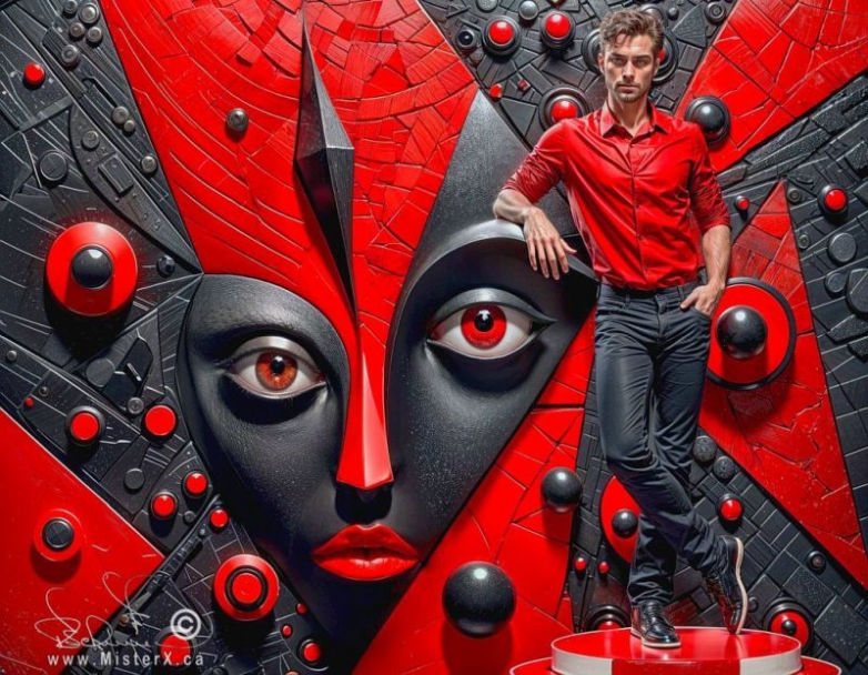 Black and red composition shows an attractive man standing on a pedestal, leaning on a cubism background showing a face with abstract shapes.