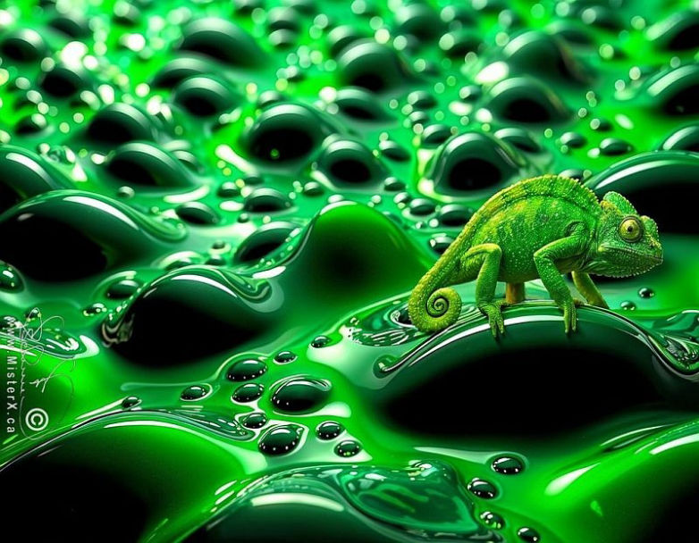 A chameleon is seen balancing itself on a strange dimensional green liquid.
