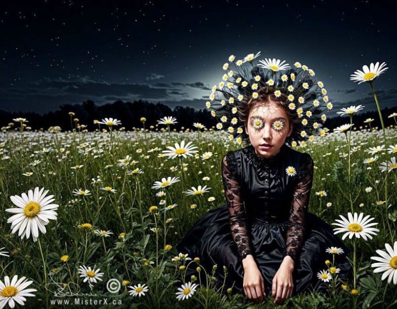 Girl in black lacy dress and eyes and hair covered in daisy flowers is seen kneeling in a vast field of daisies.