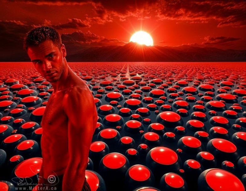 Mostly red and black composition shows a shirtless man looking at the viewer from a scoched environment.