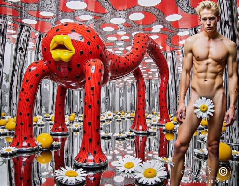 A naked man can be seen observing a far-out environment made from 3D shapes, spots, and daisy flowers.