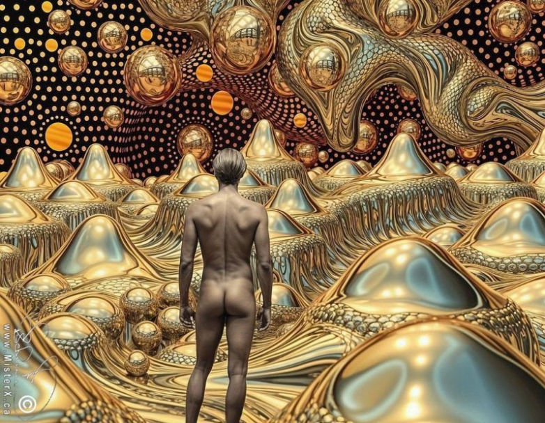 The backside of a nude male is seen while he inspects a surreal gold and silver shiny three dimensional surrounding.
