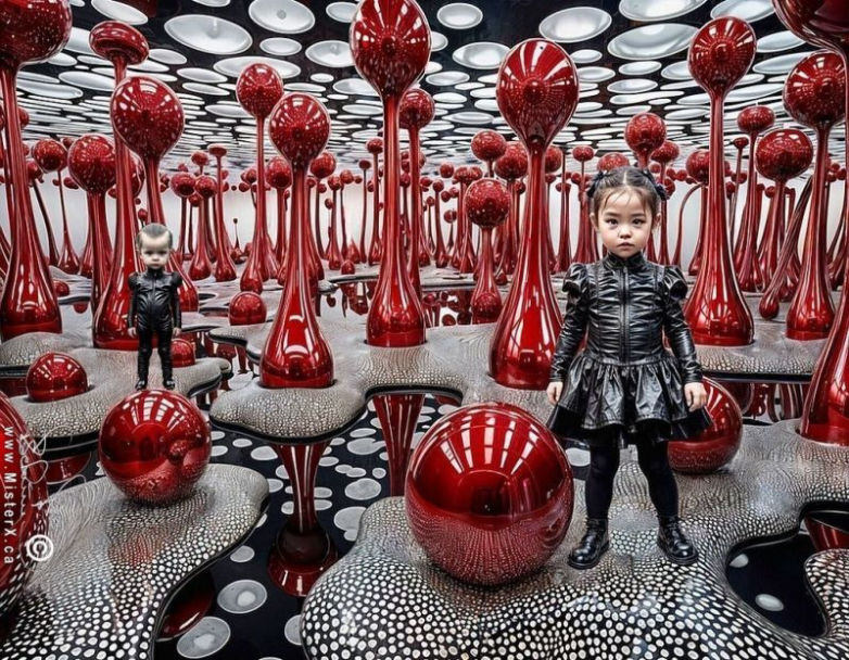 Two very young children in shiny black leather outfits can be seen in a strange black, white, and red environment that loosely represents the human reproductive process.