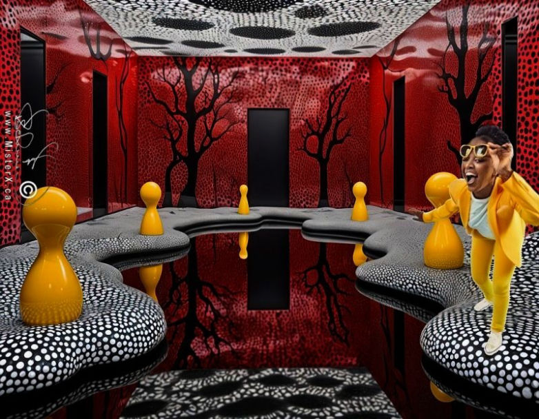 A happy black woman is seen lifting her glasses to look closely at the surreal red, yellow, black and white landscape she finds herself in.