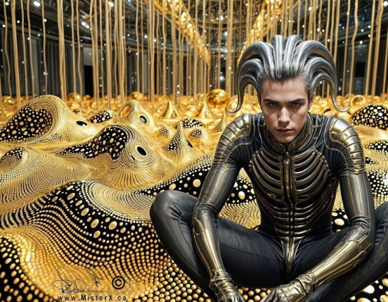 Handsome young man in H.R.Giger inspired outfit looks disturbed while sitting in an abstract black and gold environment.