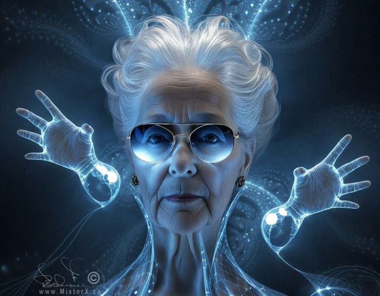 An older woman with white hair and glasses is seen in the center of two glowing hands.