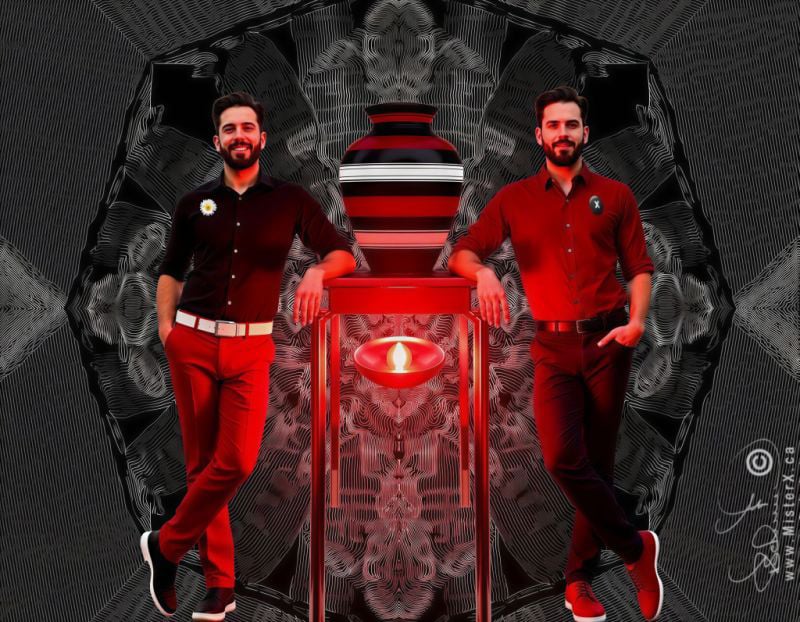 Two identical twins wearing different outfits lean against a table with a glowing bowl floating underneath of it.