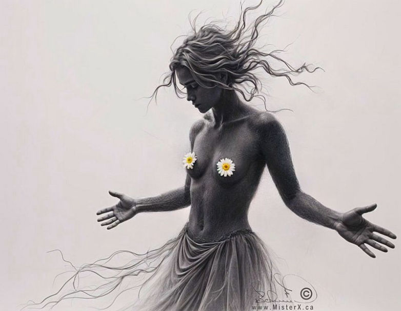 Charcoal drawing of a topless girl dancing with daisy flowers covering her breasts.